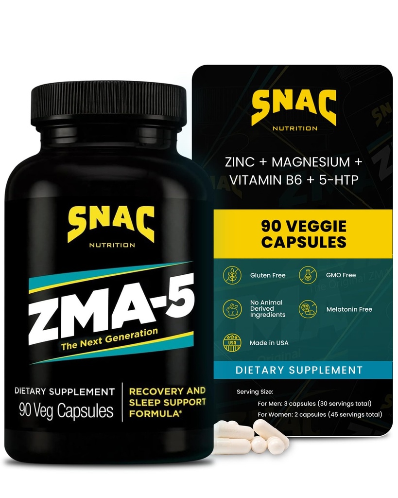 SNAC ZMA-5 Supplément d'aide au sommeil, promouvoir la récupération et la croissance musculaires, le soutien immunitaire, et le sommeil restauratif avec le zinc, le magnésium et 5-HTP, après l'entraînement, avant le lit ZMA suppléments 90 Capsules Veggie