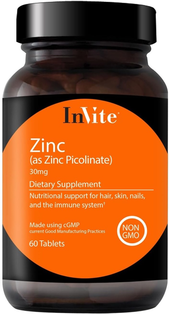InVite Health Picolinate de zinc - 30 mg sous forme de picolinate de zinc - soutient la santé immunitaire, des ongles, de la peau et des cheveux - 60 comprimés (2-pack)