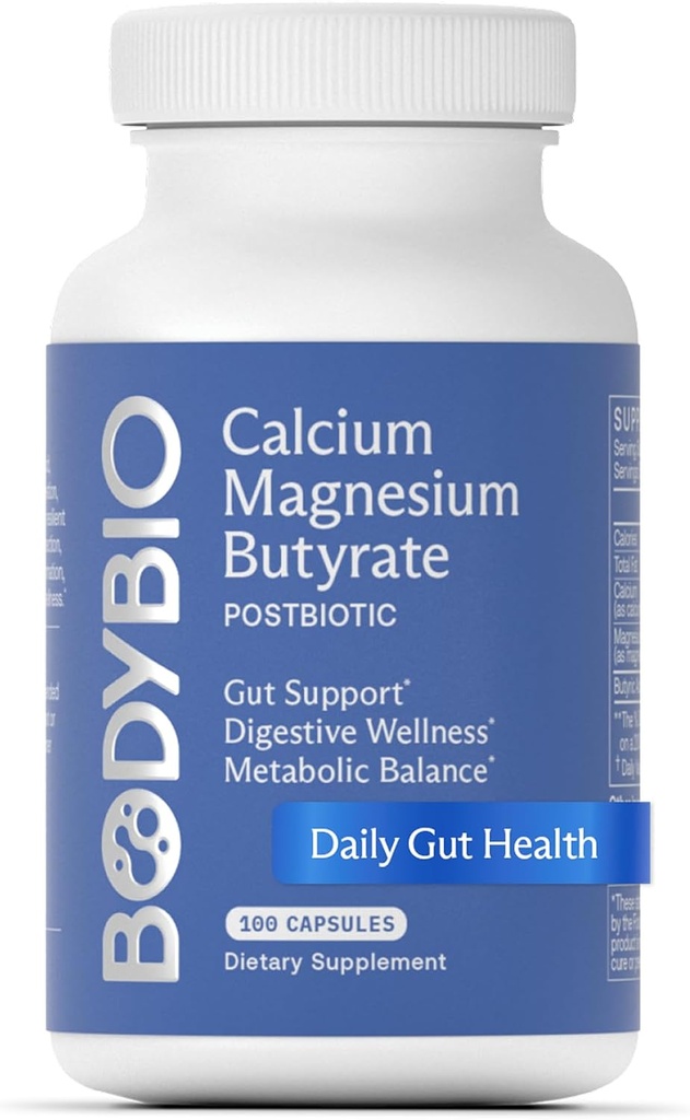 BodyBio Butyrate - Postbiotique pour la santé des Guts, le soutien digestif, le dégel, le gaz et le soulagement de la constipation, la réparation des Guts maigres - Calcium, Magnésium + supplément d'acide butyrique pour le mieux-être GI