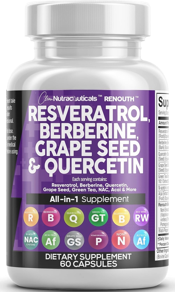Resvératrol pur Supplément de Graine Berberine Extrait Quercetin Green Tea Extract Acai Noni Polyphénol Supplément pour les femmes et les hommes Anti vieillissement N-acétyl Cystéine NAD Booster