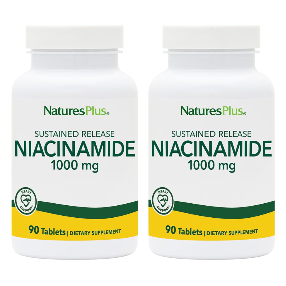 Natures Plus Niacinamide 1000 mg - 90 Comprimés à libération prolongée, lot de 2 - Soutient la santé immunitaire et cutanée, la production d'énergie et la fonction cérébrale - Végétarien, sans gluten - 180 portions totales