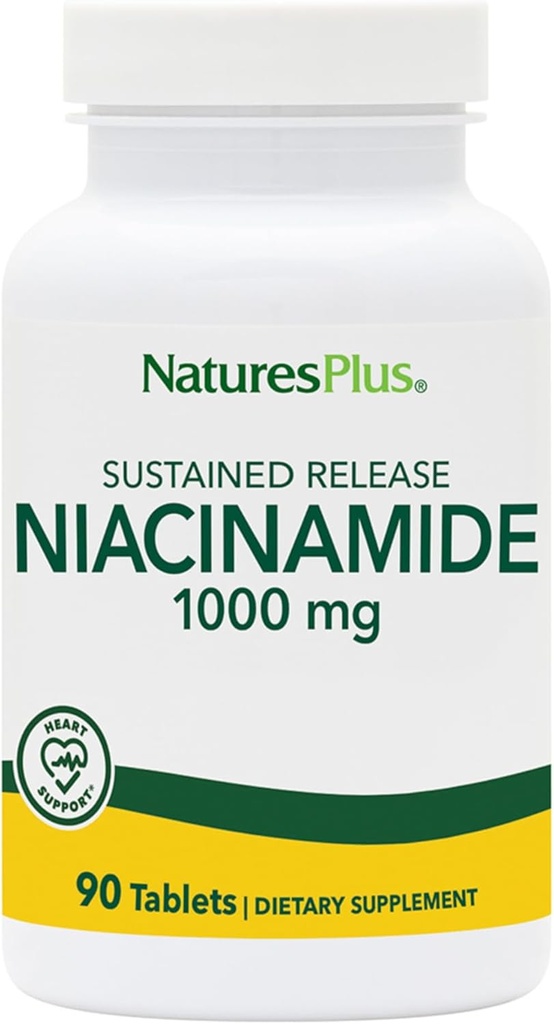 Natures Plus Niacinamide 1000 mg - 90 Comprimés à libération prolongée, lot de 2 - Soutient la santé immunitaire et cutanée, la production d'énergie et la fonction cérébrale - Végétarien, sans gluten - 180 portions totales
