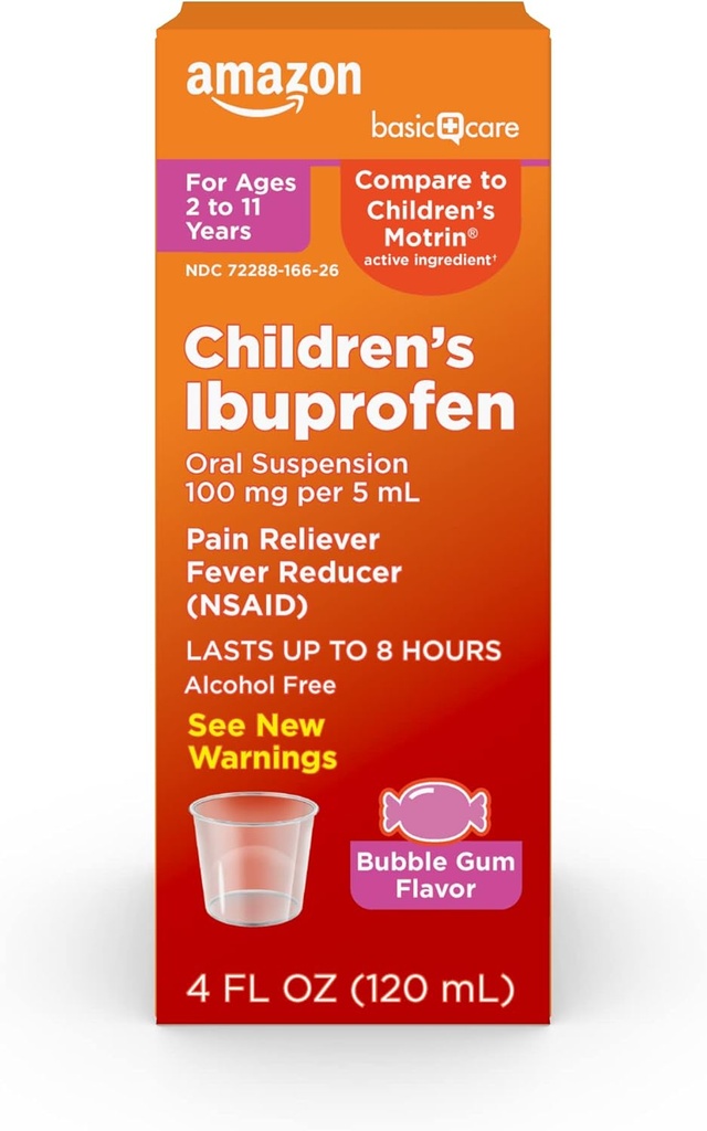 Amazon Basic Care Children's Ibuprofen Oral Suspension, 100mg, Bubblegum, 4 fl oz (Pack of 1)