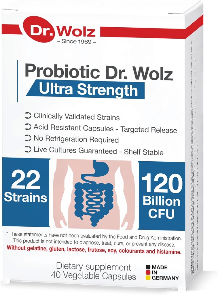 Probiotiques quotidiens premium allemands pour les femmes et les hommes, 120 milliards CFU - 22 souches, capsules de probiotique végétalien pour Gut, et supplément de soutien de la santé digestive, pilule cible Formule 40 Cout