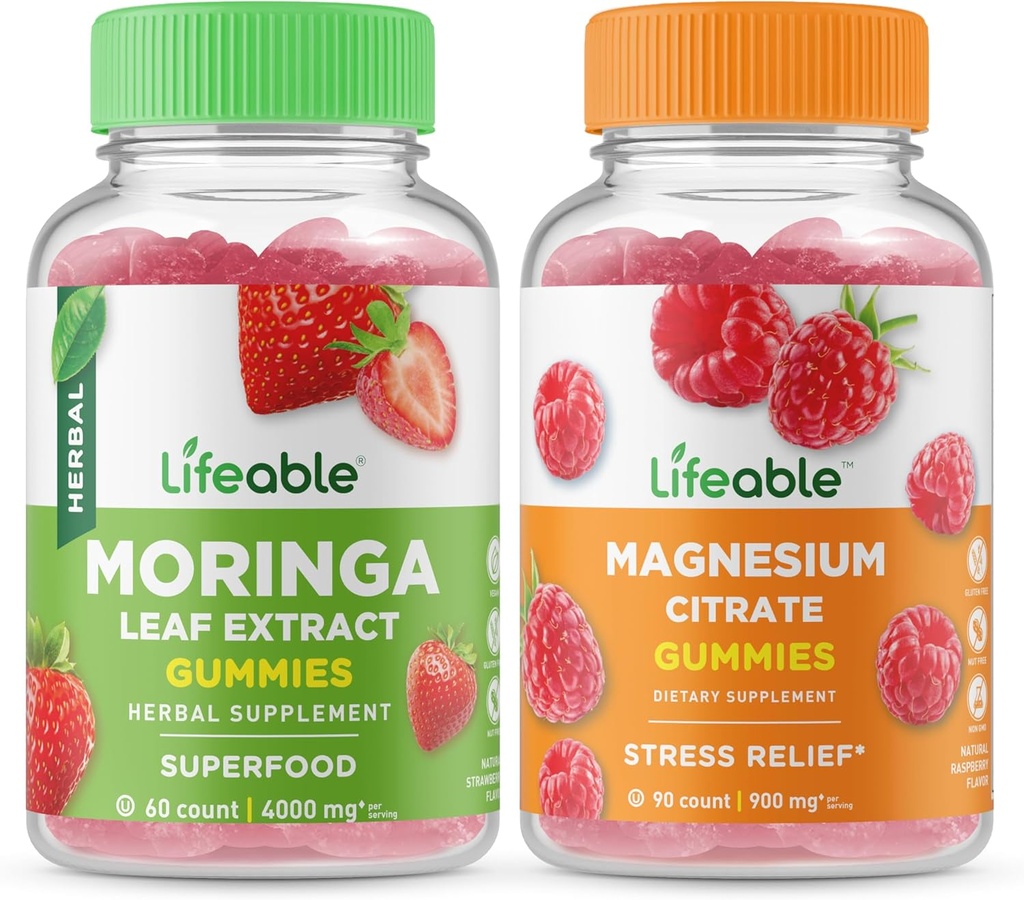 Magnésium vivace + Feuille de Moringa, Gummies Bundle - Grande dégustation, supplément de vitamine, sans gluten, sans OGM, Gummy à croquer