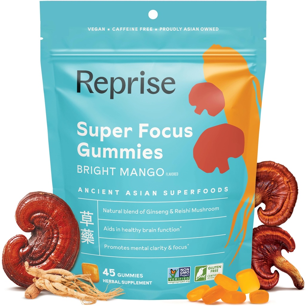Focus Gummies for Adults: Ginseng américain et coréen avec des extraits de champignons Reishi Tous les Gummies naturels pour Focus, Mood et Energy: