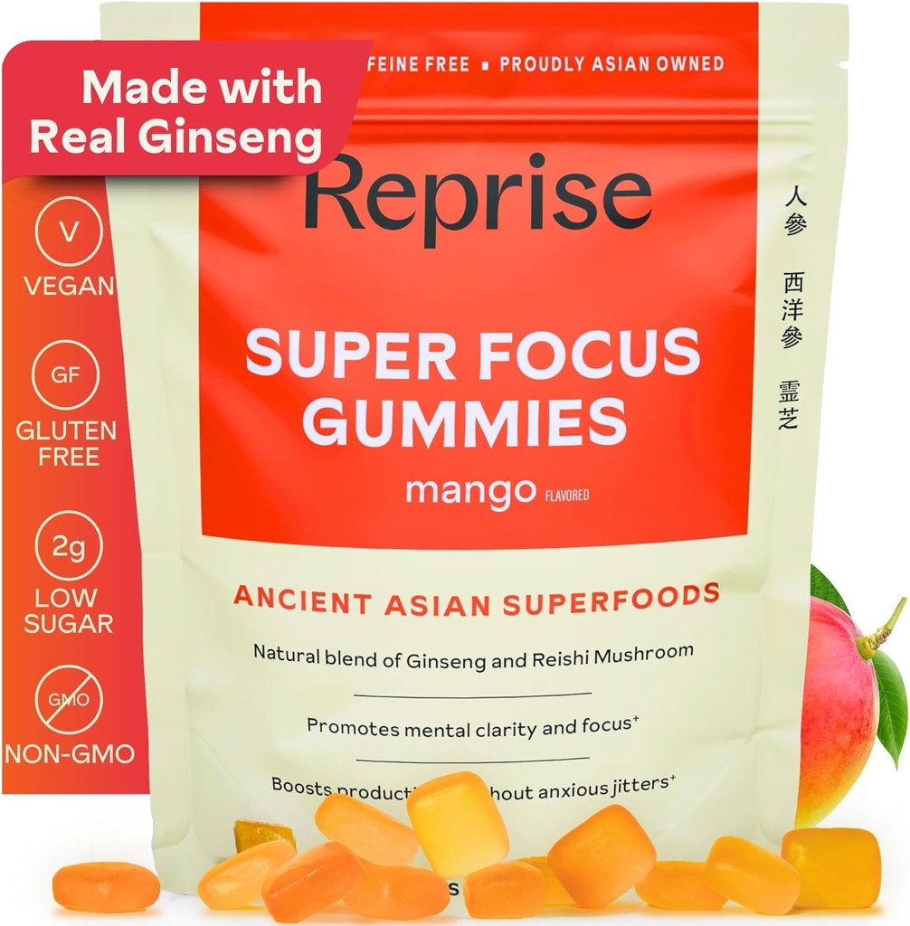 Focus Gummies for Adults: Ginseng américain et coréen avec des extraits de champignons Reishi Tous les Gummies naturels pour Focus, Mood et Energy: