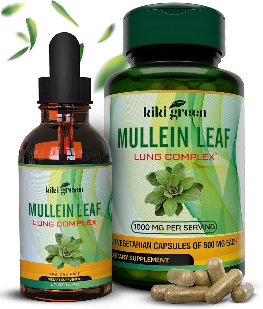 KIKI Capsules de Mullein Vert et gouttes liquides - Suppléments d'extrait de feuille de Mullein, 90 capsules + 2 fl oz - pour le soutien respiratoire et immunitaire, une meilleure fonction pulmonaire, le nettoyage pulmonaire et le soulagement