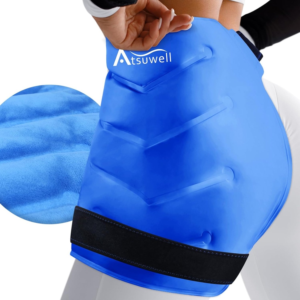 Atsuwell XL Hip Ice Pack Wrap, Gel Cold Pack pour le soin de la hanche, Paquet de glace réutilisable pour le remplacement de la hanche, Compresseur à froid en peluche souple pour la hanche, le genou, le dos, le bleu