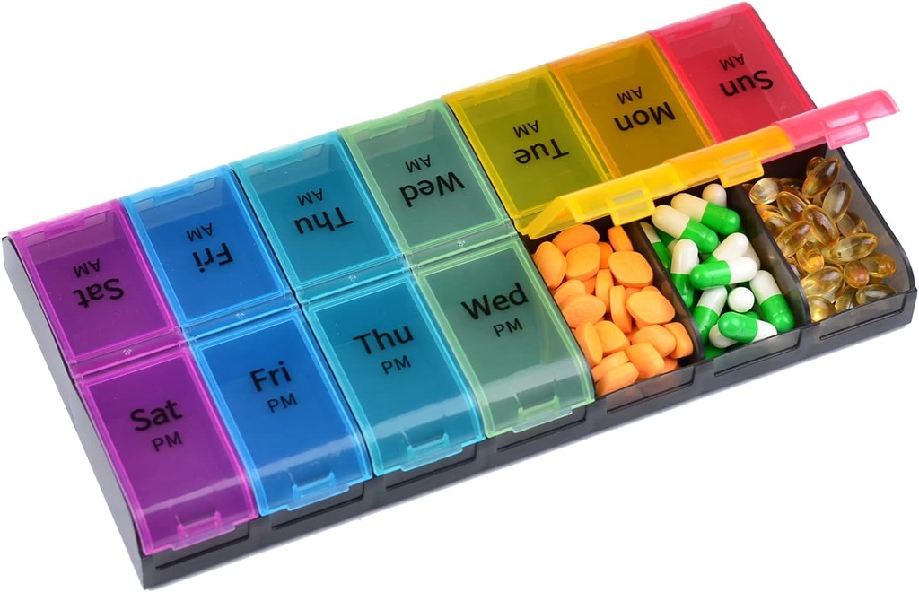 Organisateur hebdomadaire de pilules de grande capacité, 7 jours 2 fois par jour Grands compartiments Cas de pilules, AM/PM BPA-Free Pill Box Design for Vitamines Fish Oil Suppléments Arthrite Friendly (Rainbow)