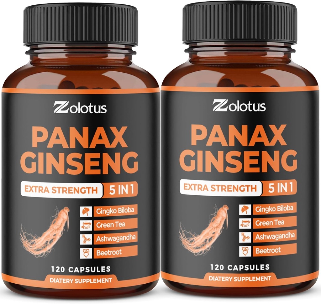 Zolotus Panax Rouge Coréen Ginseng + Ginkgo Biloba, Ashwagandha, Beetroot, Thé Vert - 120 Capsules (paquet de 2)