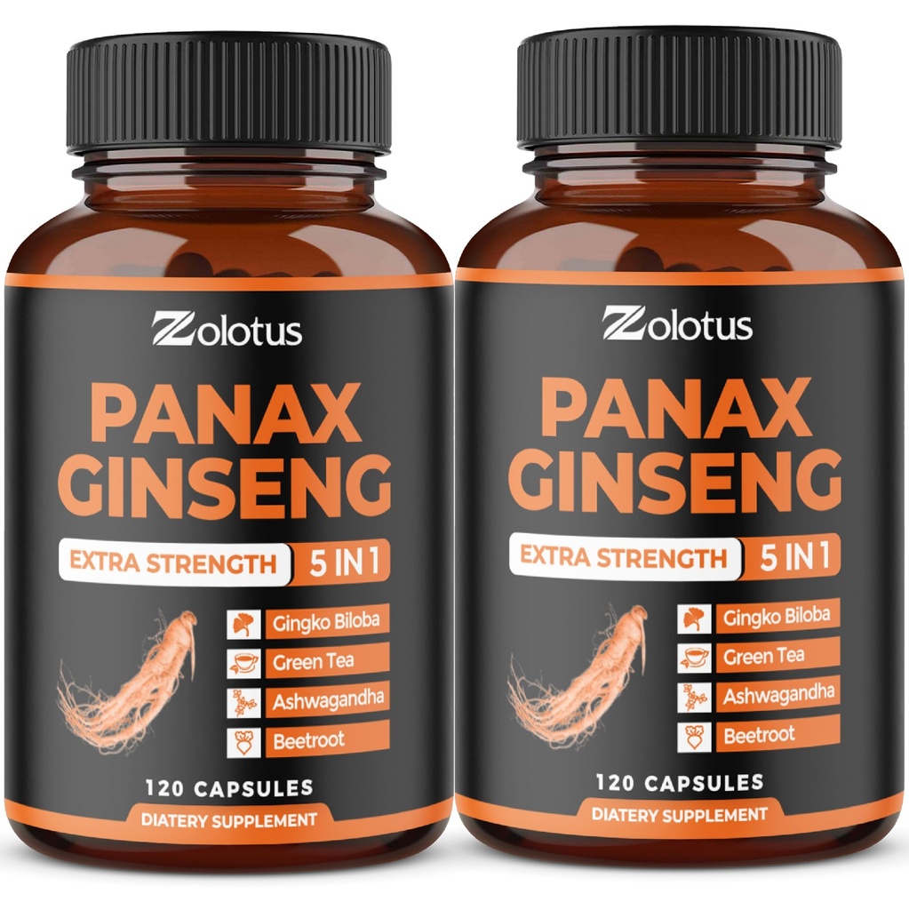 Zolotus Panax Rouge Coréen Ginseng + Ginkgo Biloba, Ashwagandha, Beetroot, Thé Vert - 120 Capsules (paquet de 2)