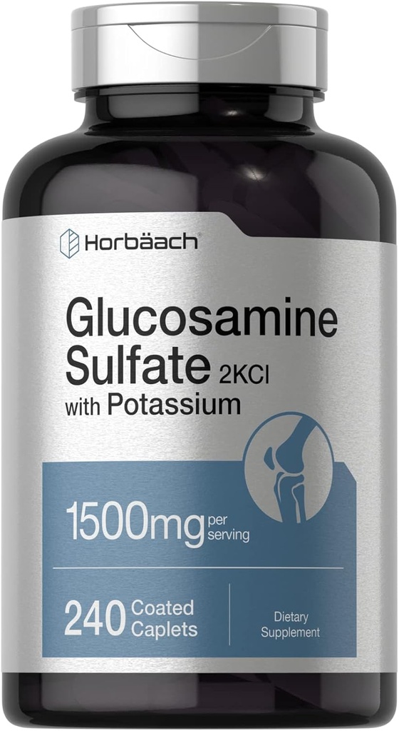 Horbäach Sulfate de glucosamine 1500mg, 240 Caplets, 2KCI avec potassium et supplément sans gluten