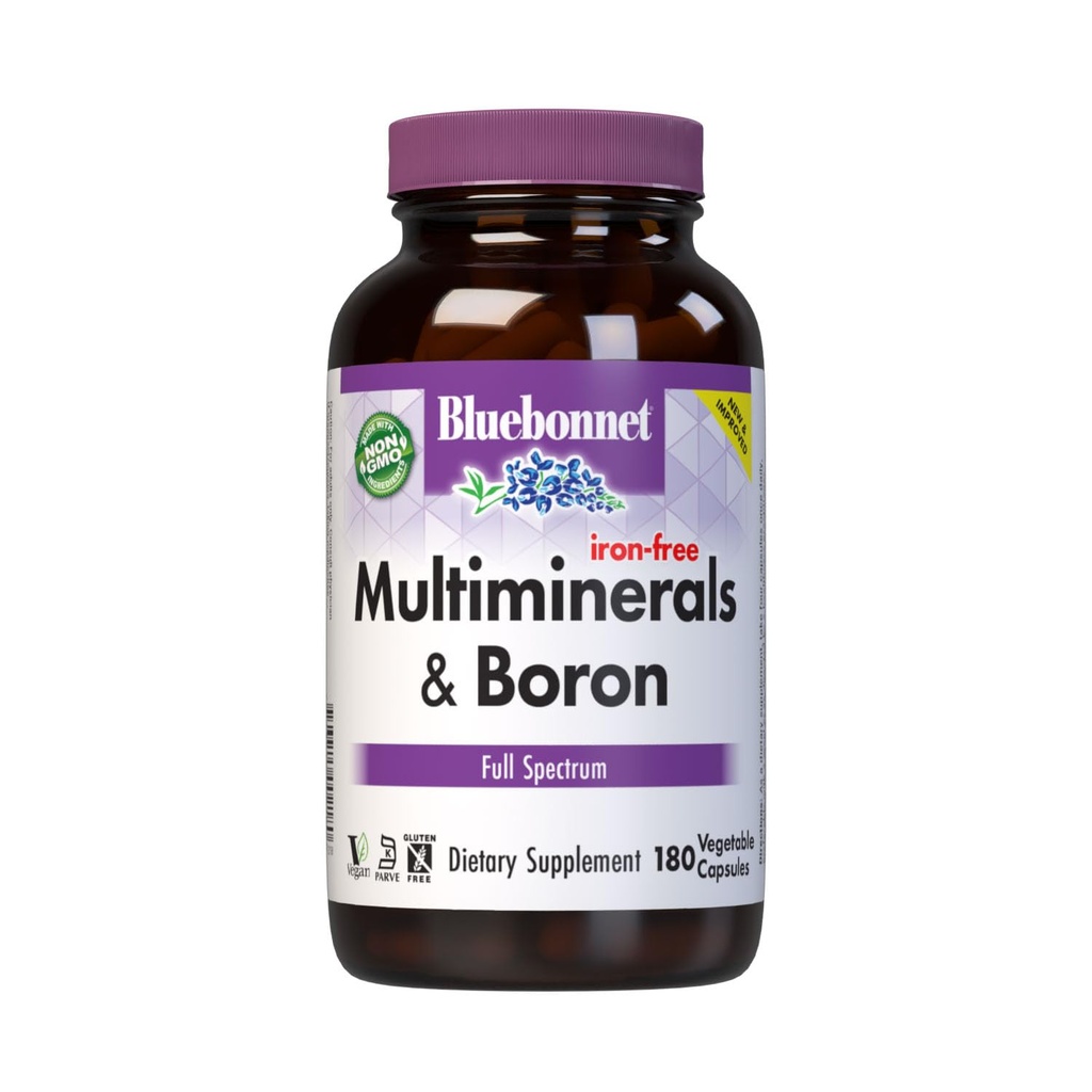 Supplément Multi Minéraux Bluebonnet Plus Boron Magnésium chélaté Cuivre Sélénium Manganèse Complexe Chromium et zinc pour les femmes et les hommes - Sans fer, sans OGM, sans gluten - 180 capsules végétales