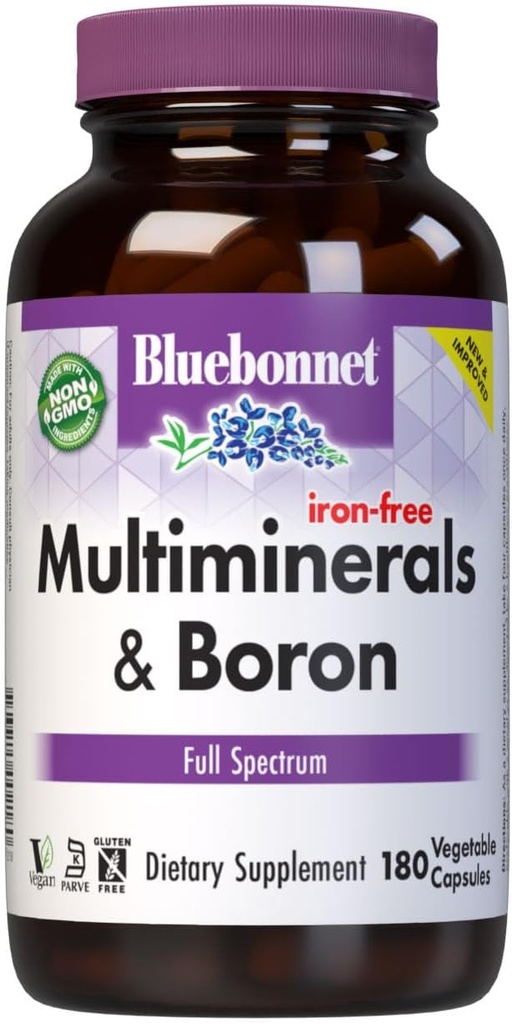 Supplément Multi Minéraux Bluebonnet Plus Boron Magnésium chélaté Cuivre Sélénium Manganèse Complexe Chromium et zinc pour les femmes et les hommes - Sans fer, sans OGM, sans gluten - 180 capsules végétales