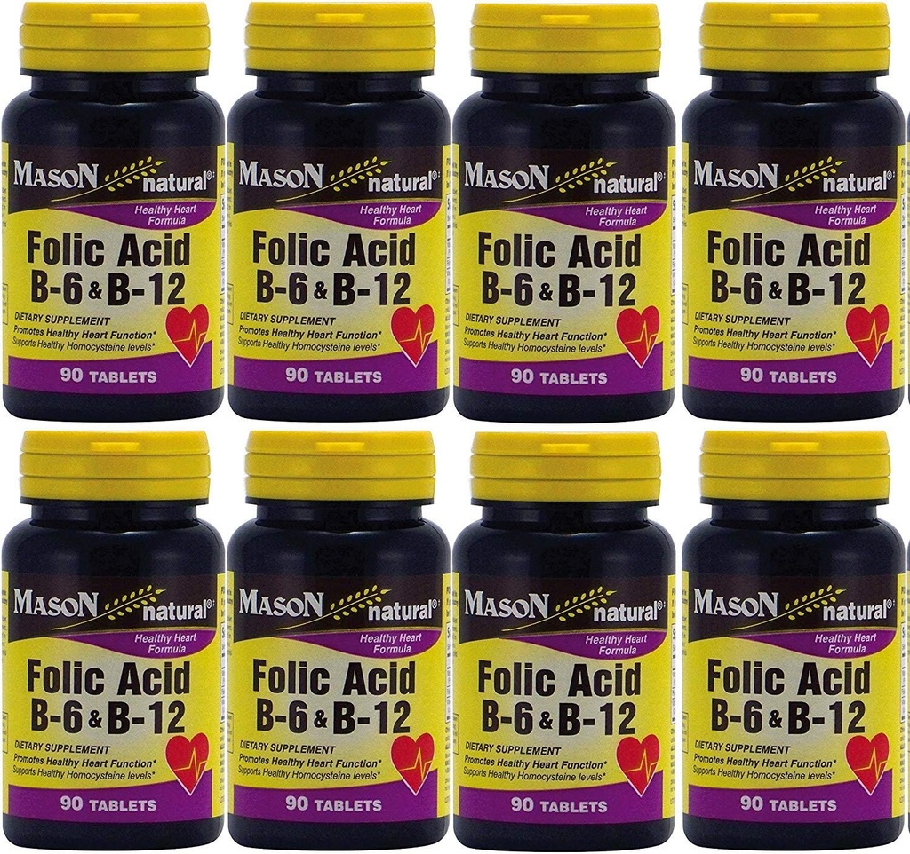 Vitamines Mason Acide folique B-6 et B12 Formule de santé cardiaque 90 Comprimés par boîte de bouteille de 8 Total 720 Comprimés