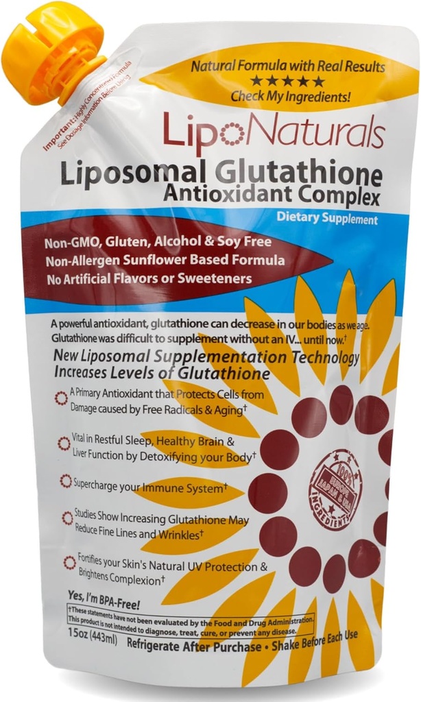 Lipo Naturals Liposomique complexe de glutathion liquide (30 doses) - Formule naturelle Immunité + foie santé + anti-âge avec vitamine C - végétalien, sans Chine (15oz / 443ml)