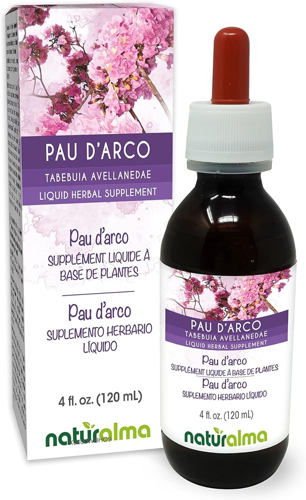 Naturalma PAU d'arco ou Lapacho (Tabebuia avellanedae ou Tecoma curialis) écorce Teinture sans alcool - 4 fl oz Extrait liquide dans les gouttes - Supplément à base de plantes - Vegan