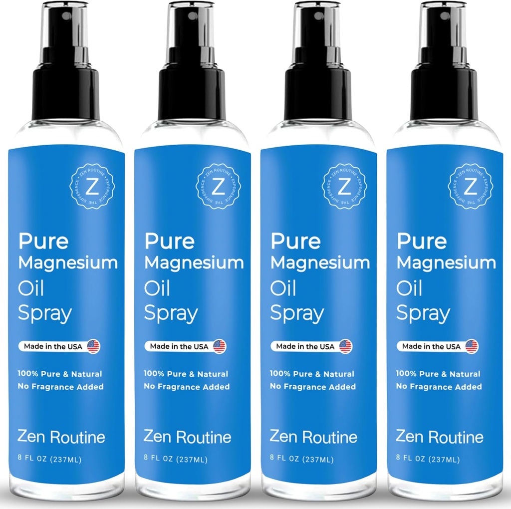 Spray à l'huile de magnésium pur – 8 oz (4 paquets) - Huile de magnésium biologique de qualité USP pour pieds, Magnésium des minéraux anciens - Aceite de magnésie para Los tartes - Chlorure de magnésium naturel, fabriqué aux États-Unis