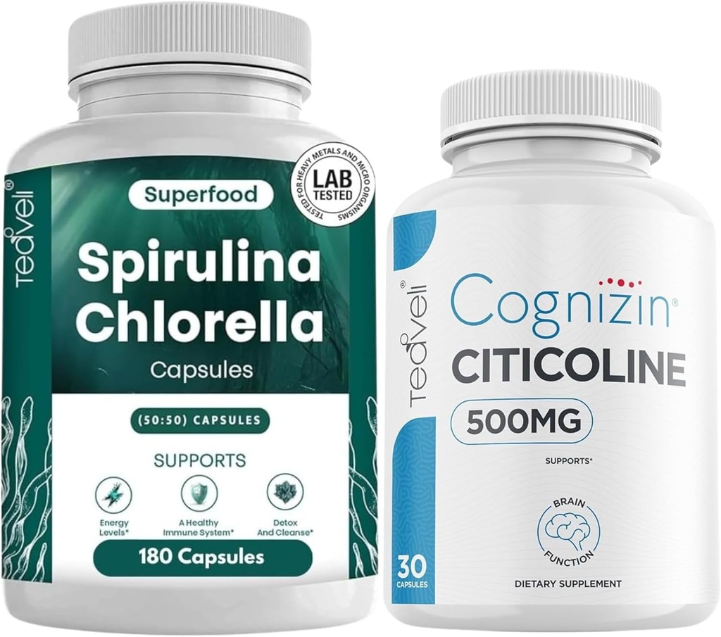 Teaveli Citicoline avec Spiruline chlorella Capsules Bundle
