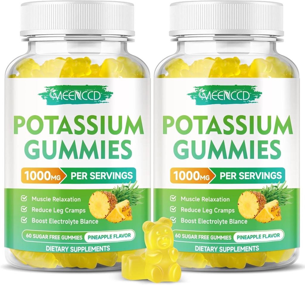 Citrate de potassium Gommies 1000mg, supplément de potassium de puissance élevée Gommies pour adultes femmes et hommes, soutien des crampes et de la santé musculaire des jambes, sans sucre, ananas, 120 comte