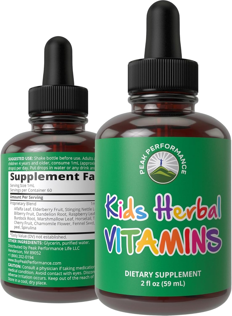 Kids Vitamins From Herbs. Liquid Kids Herbal Multivitamin. No Bitter Taste. Sugar Free 14-in-1 Vegan Supplement Drops For Toddlers, Children, Teens. Mixed In Water They Won't Even Taste It