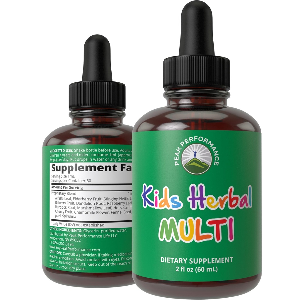 Vitamines pour enfants des herbes. Multivitamine à base de plantes liquides pour enfants. Pas de goût amer. Sans sucre 14-en-1 gouttes de supplément végétalien pour les tout-petits, les enfants, les adolescents.