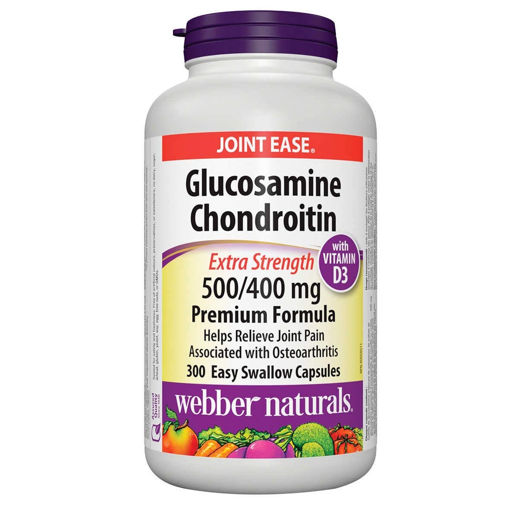 Webber Naturals Glucosamine Chondritine avec vitamine D3, dosage supplémentaire, 500/400 mg, Formule Premium, 300 Capsules faciles à avaler