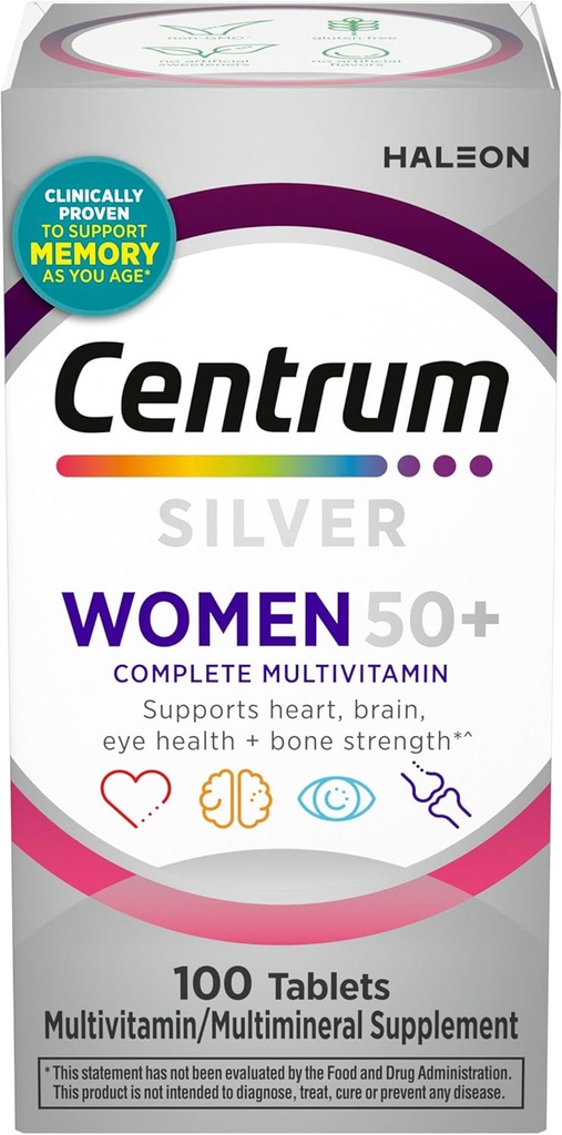 Centrum Silver Women's Multivitamin for Women 50 Plus, Multivitamin/Multimineral Supplement with Vitamin D3, B Vitamins, Non-GMO Ingredients, Supports Memory and Cognition in Older Adults - 100 Ct