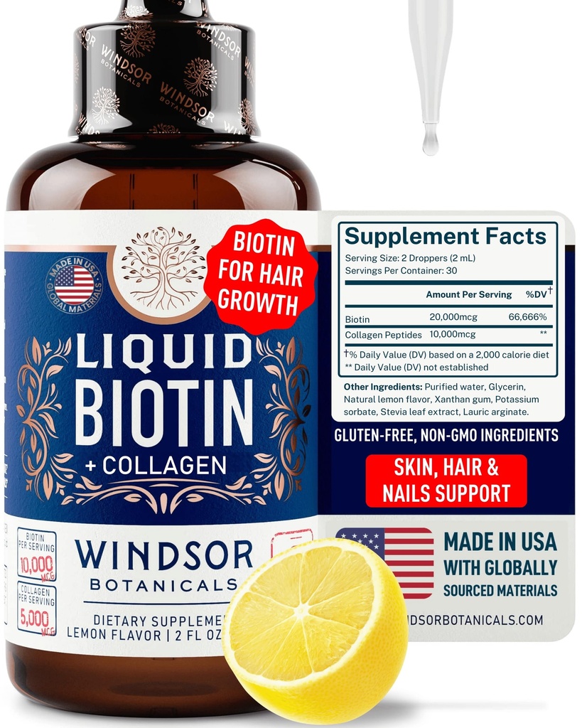 Biotine liquide pour le collagène de croissance capillaire - Biotine Liquide 10 000 mcg Collagène 5 000 mcg Liquide extra-fort - Collagène liquide et gouttes de biotine pour la croissance capillaire - Biotine et gouttes de collagène pour les femmes - 2oz