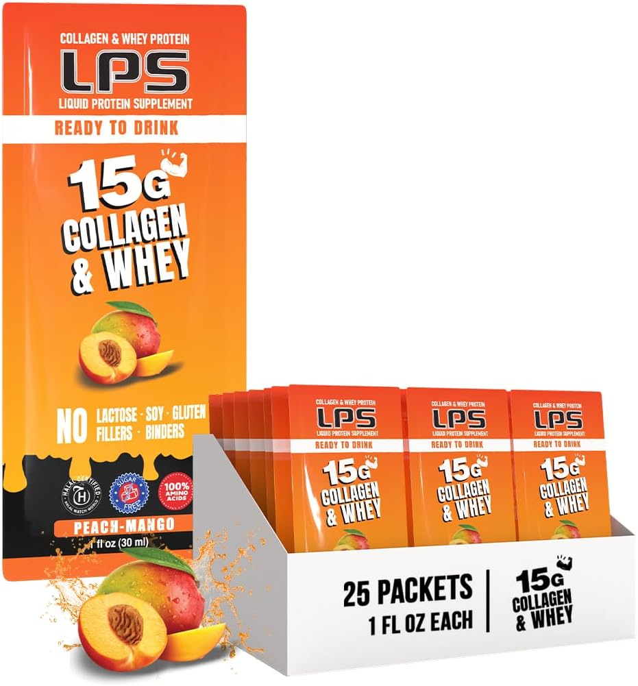 LPS Collagène liquide et supplément de protéines de lactosérum - boisson non-OGM, sans sucre - favorise la santé de la peau et des cheveux pour les hommes et les femmes, la mangue de pêche, une seule portion (25 paquets)