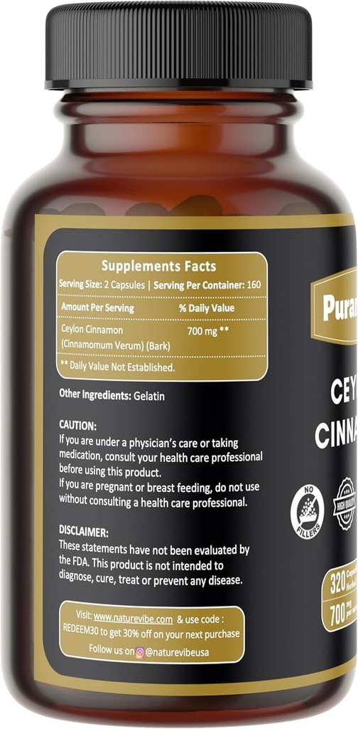Ceylan Cinnamon Premium 320 Capsules Sans OGM et sans gluten Supplément à base de plantes de 700 mg par portion