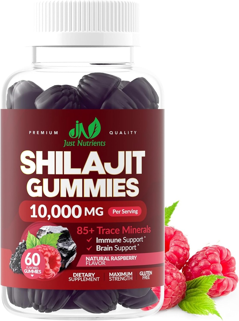 Shilajit Gummies 10 000mg pour les hommes et les femmes - Force maximale Himalayan pur Shilajit, sans gluten, non-OGM, 100% végétarien - Arôme de framboise naturelle - 60 comte