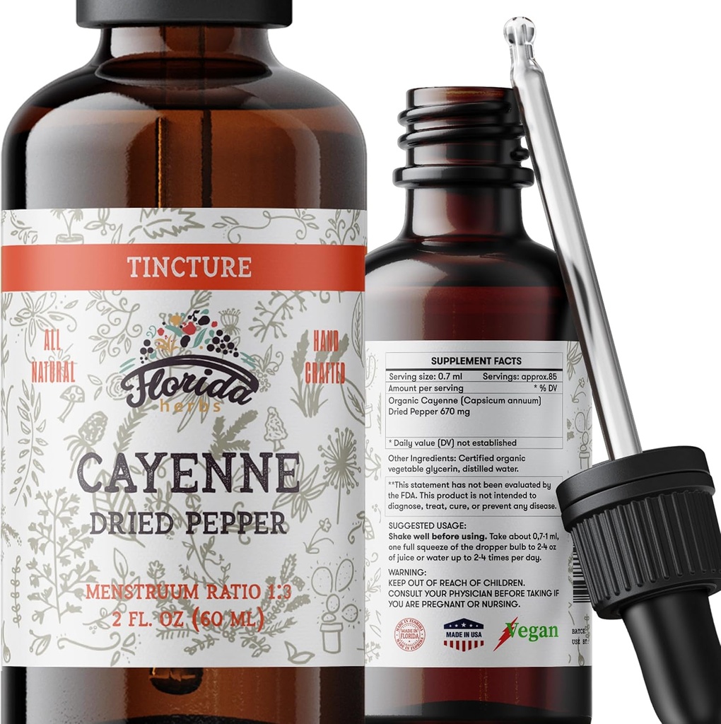 Extrait de teinture de Cayenne, Cayenne biologique (Capsicum annuum) Poivre séché - Glycérine végétale - Non-OGM - 2 oz