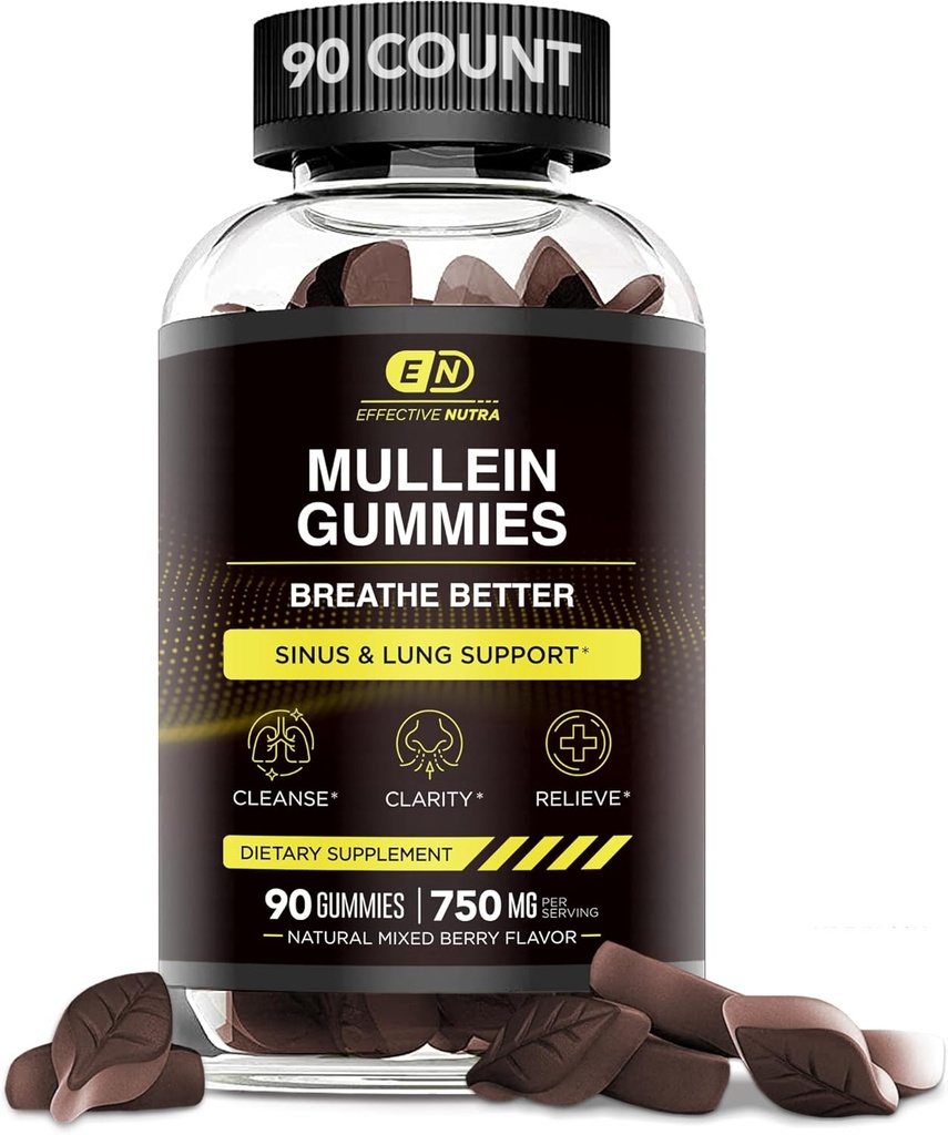 EFFECTIVE NUTRA 9in1 Mullein Gummies | Lung and Sinus Support for Cleanse, Clarity, and Relief | Vegan, Gluten-Free, Non-GMO Supplement | Natural Berry Flavor, 45-Day Supply, Made in USA (90ct)