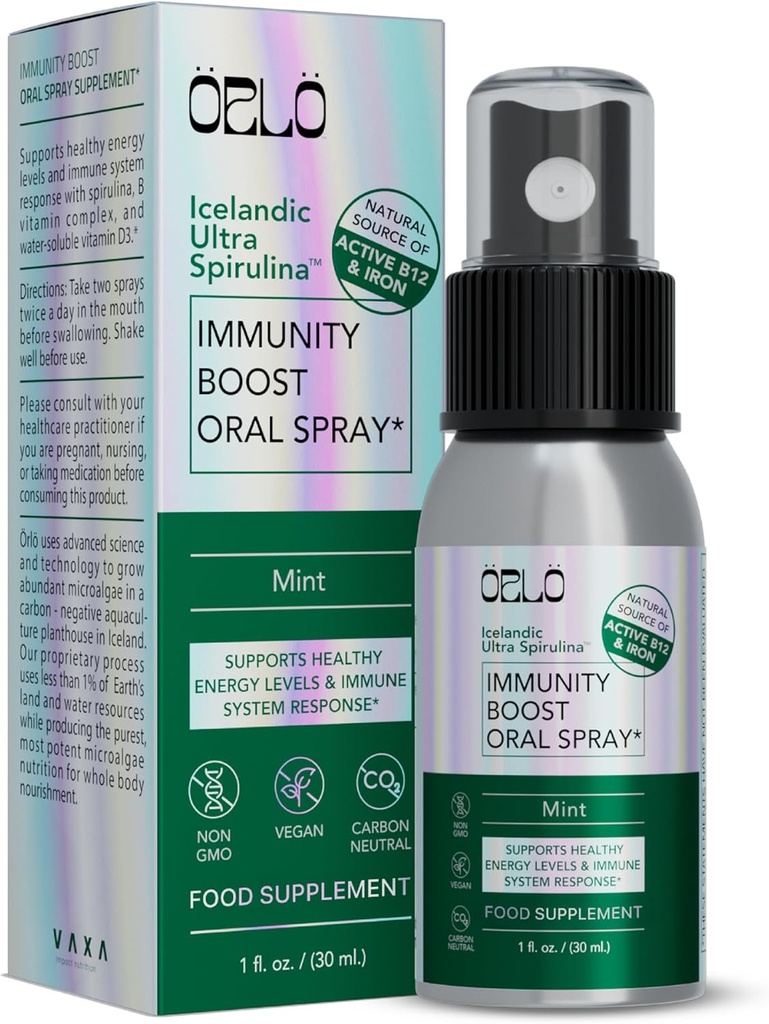 Supplément multivitamines Orlo Immunity Boost pour adultes Spray - spiruline, complexe bioactif de vitamine B, B12 méthylcobalamine, vitamine D3 - énergie, cerveau et santé immunitaire (jusqu'à 60 portions)