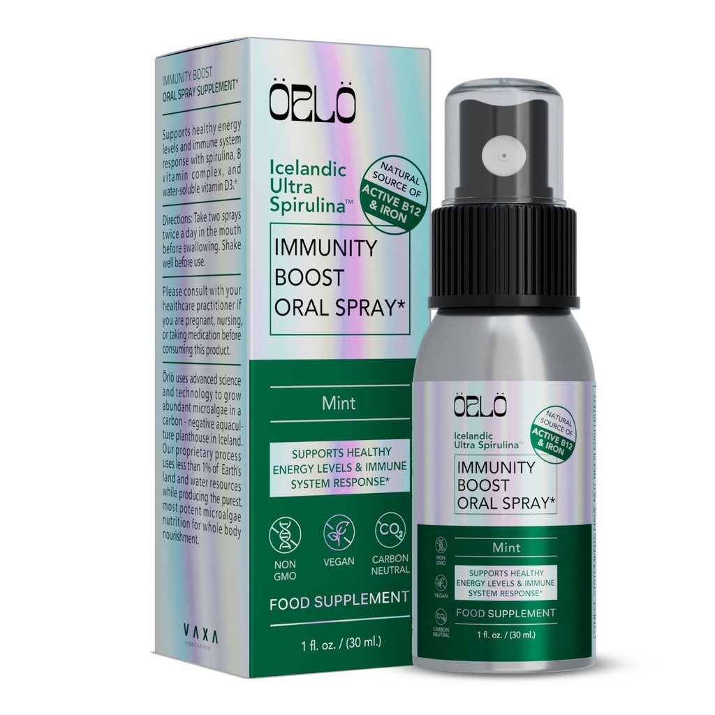 Supplément multivitamines Orlo Immunity Boost pour adultes Spray - spiruline, complexe bioactif de vitamine B, B12 méthylcobalamine, vitamine D3 - énergie, cerveau et santé immunitaire (jusqu'à 60 portions)