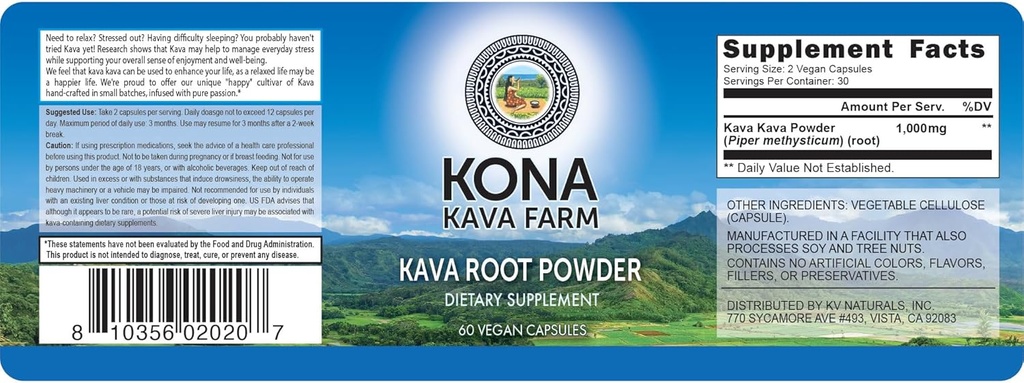 Kava Root only Premium Capsules de poudre d'extrait de kava 10 % de Kavalactone