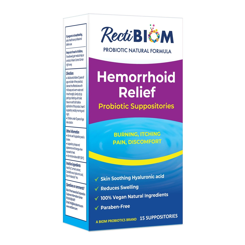 RectiBoom Probiotique Hémorroïdes Suppositoires de soulagement avec des ingrédients naturels apaisants de la peau, Fast Relief. Acide hyaluronique et extrait curcuma, végétalien, formulation sans gluten
