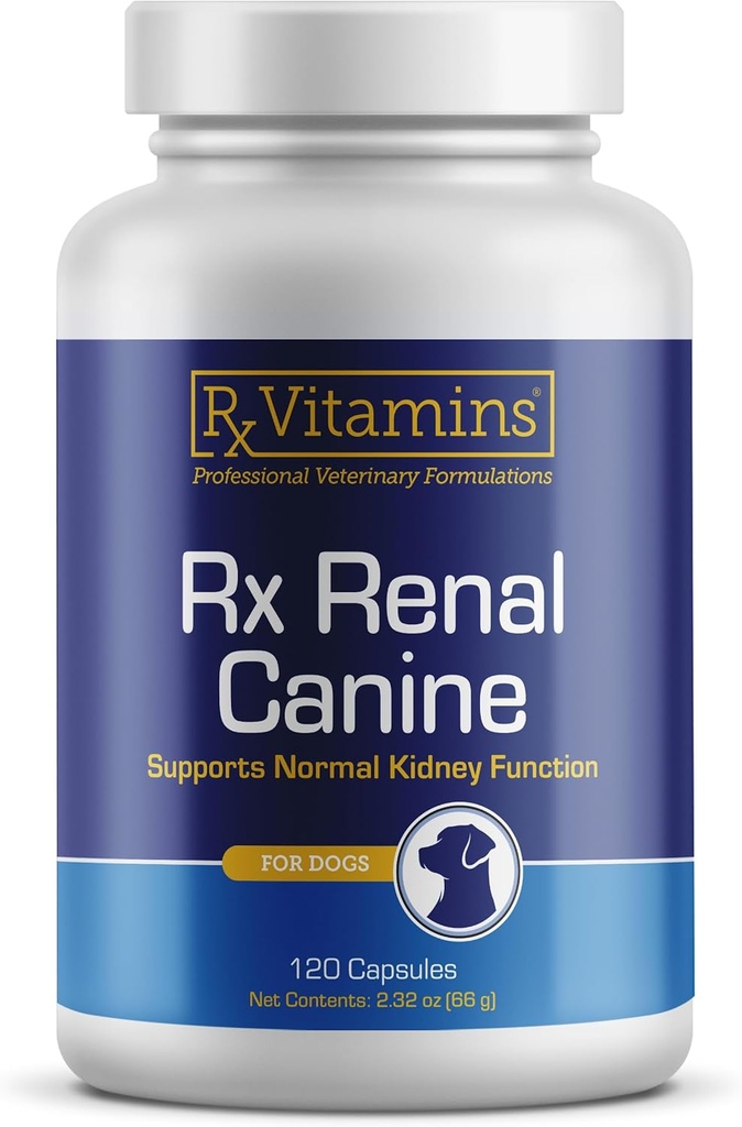 Rx Vitamines Rx Renal Canine Rein Support pour chiens - Extrait de chardon de lait, Thé vert et Capsules Cordyceps pour chiens - Supplément de soutien du rein pour chiens - 120 ct