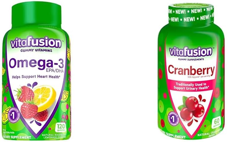Vitafusion Omega-3 Santé du coeur Vitamines gommy avec Gommies de canneberge pour les femmes, 120 Comte Omega 3 EPA/DHA Berry Lemonade et 60 Comte 500mg Jus de canneberge Concentrate par portion