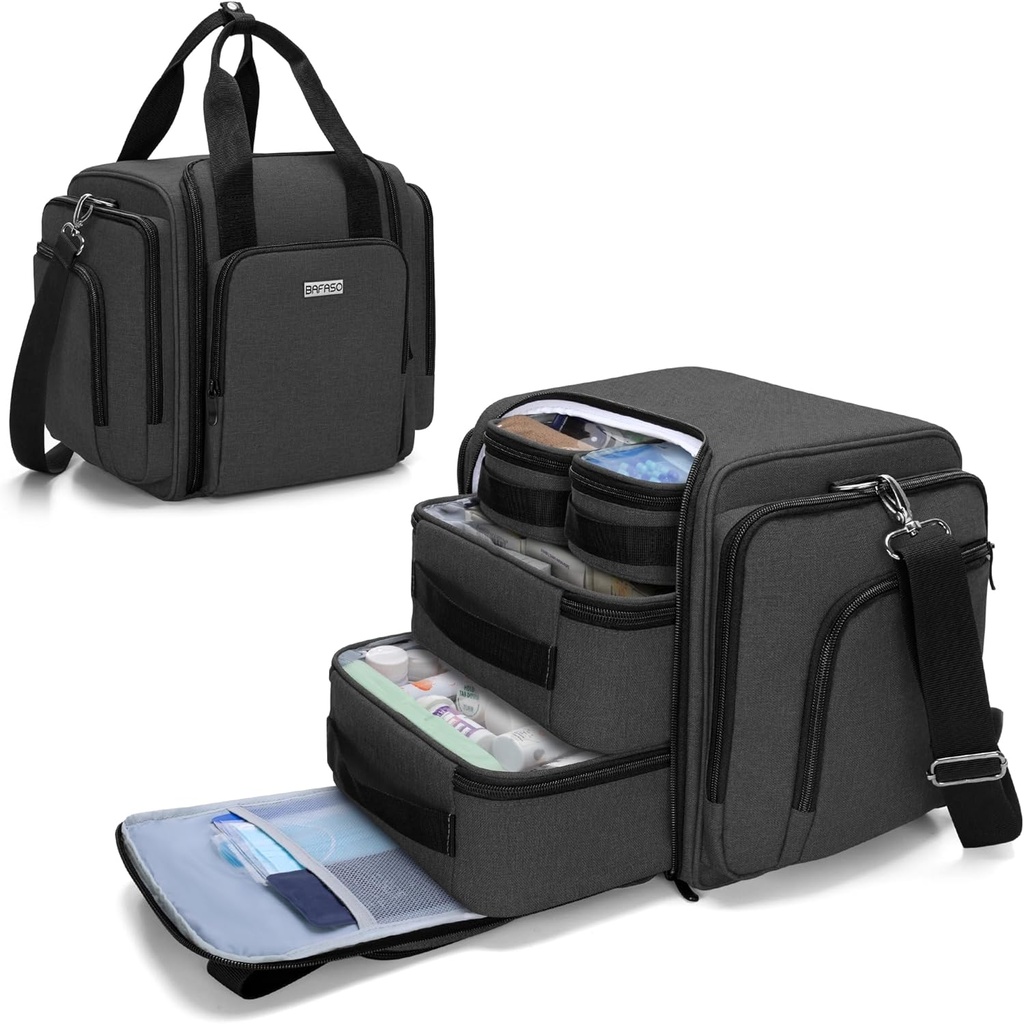 BAFASO Grand organisateur de bouteille de pilule avec 4 poches amovibles intérieure, sac de médecine sont fournis avec la sangle d'épaule (BAG SEULEMENT), noir