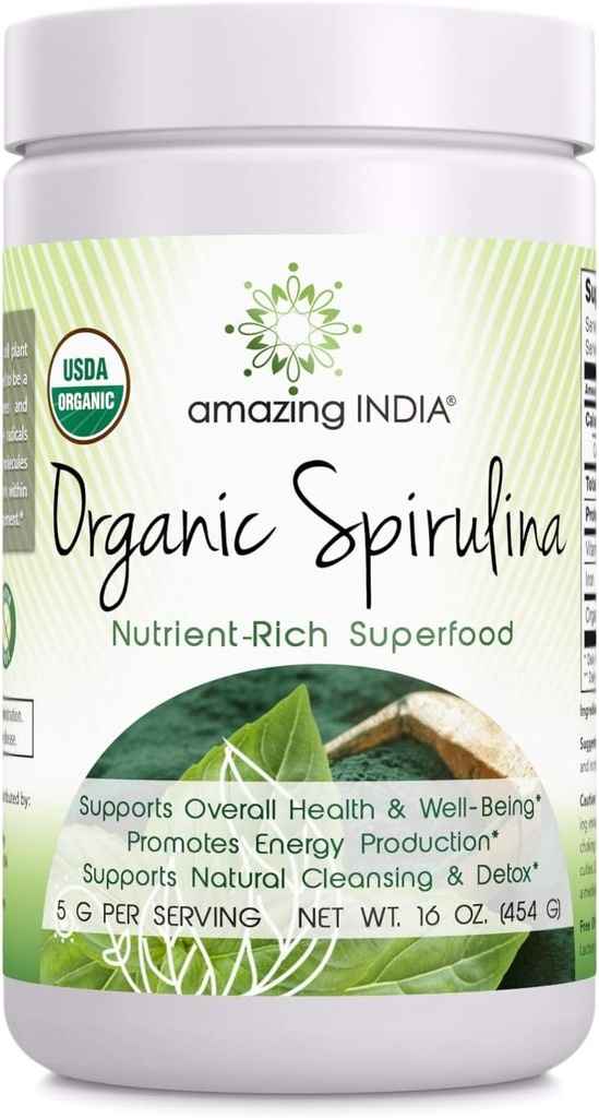 Amazing India Bio Spiruline Poudre (non-OGM) 16 oz (454 gm) - Soutient la régénération cellulaire, la santé immunitaire, la désintoxication et la santé globale*