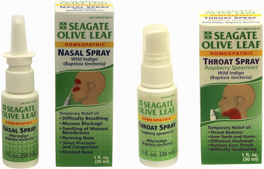 Seagate Products, Olive Leaf Nasal and Raspberry Spearmint Throat Spray Combo Pack (2Pack), Products
