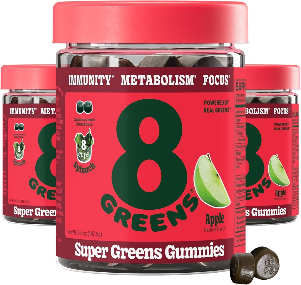 8Greens Supergreens Gummies Super Greens Poudre Superfood Gummy pour le métabolisme, l'immunité et le focus, enzymes de santé digestive, biologique: Chlorella, Spiruline, Aloe Vera, Apple Flavor, 150 Comte