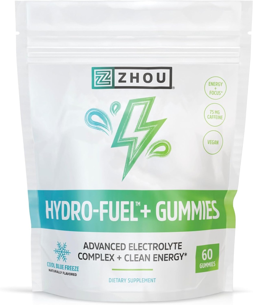 Zhou Nutrition Hydro-Fuel+ Gommies - Gommies d'électrolyte pour l'hydratation, Chews avancés avec complexe d'électrolytes et 75 mg de caféine pour l'énergie propre, supplément hydratant - 60 Chews végétaliens