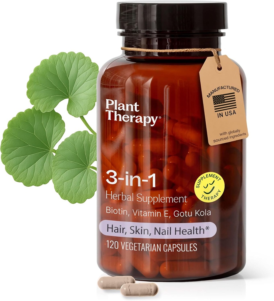 Plant Therapy 3-in-1 Biotin Capsules with Vitamin E & Gotu Kola Manufactured in USA 4 Month Supply Supports Radiant Skin, Hair Growth and Strong Nails Supplements for Women 120 Vegetarian Capsule