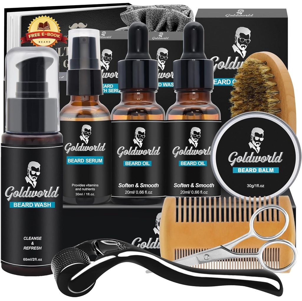 Kit de barbe,Kit de peignage de la barbe avec/Lavage de la barbe/Shampooing,2 Emballages Huile de barbe,Baume de barbe,Lavage de la barbe,Brush,Comb,Ciseaux,Sac de rangement,Livre électronique,Entretien de barbe etTrimming Kit