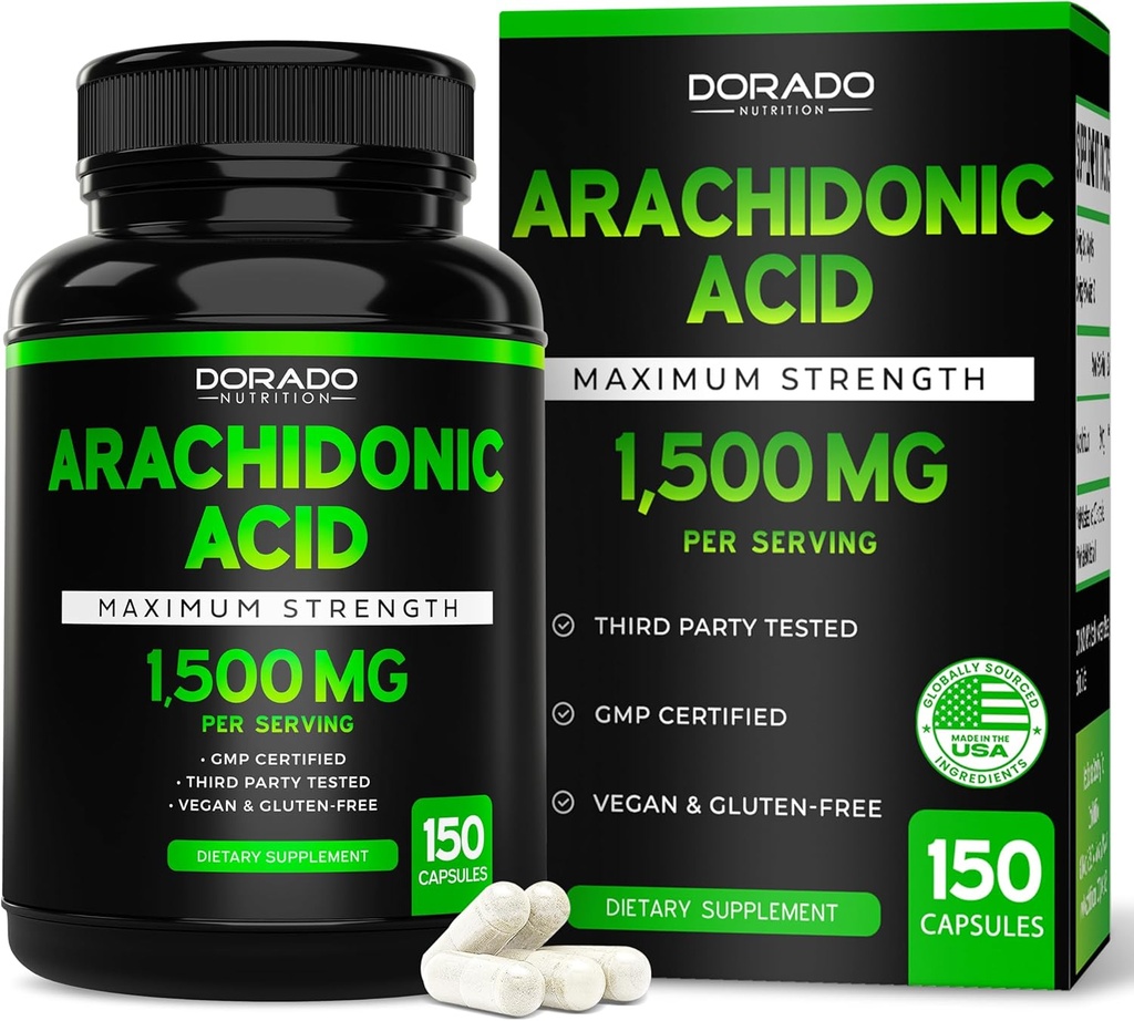 Supplément acide arachidonique 1500mg (150 capsules) - Supplément musculaire et de force pour la masse musculaire et la récupération pour les hommes et les femmes - sans gluten et sans OGM - 3ème partie testée - (150 capsules)