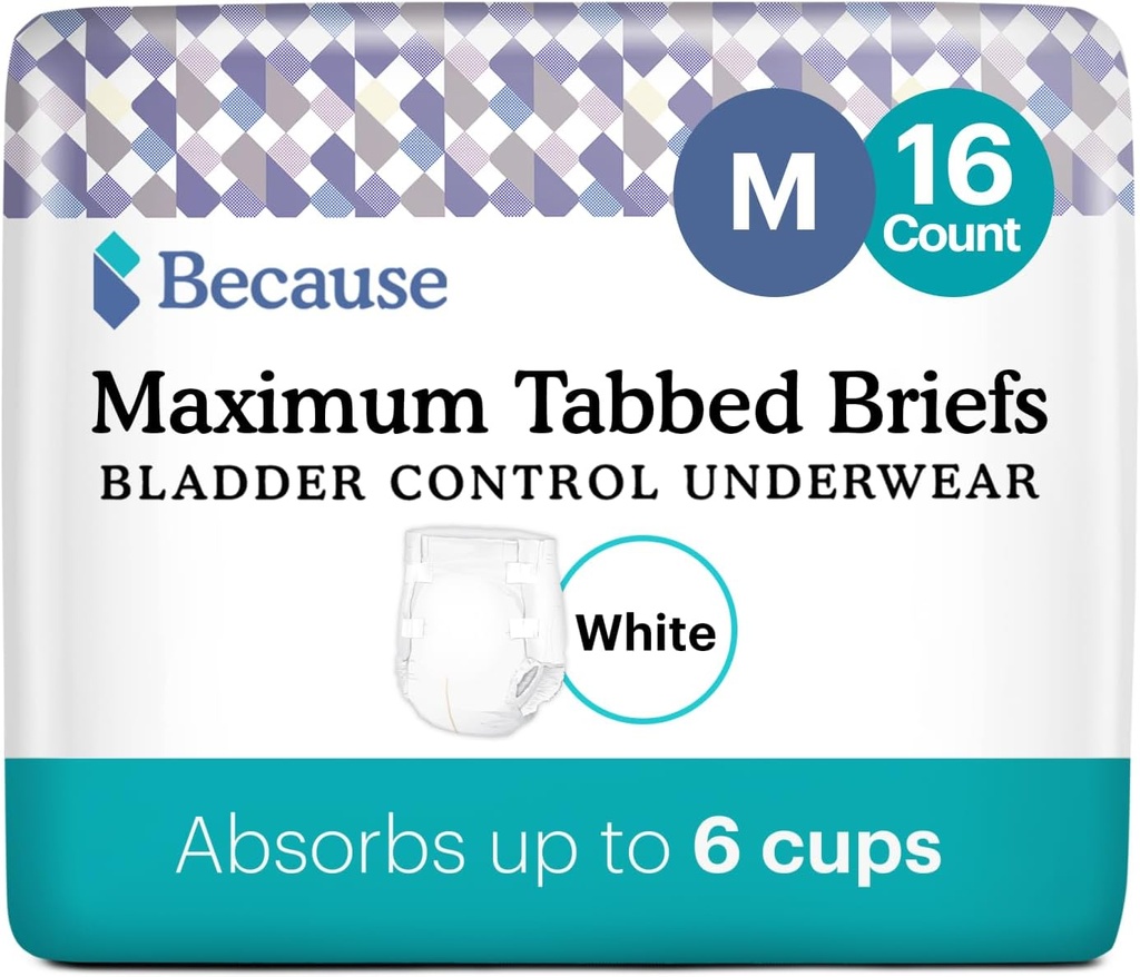 Parce que l'incontinence adulte slips Tabbed pour les femmes et les hommes - réglable unisexe Absorbance maximale jetable sous-vêtement, anti-odeur, tient 6 tasses - blanc, moyen, 16 comte (paquet de 1)